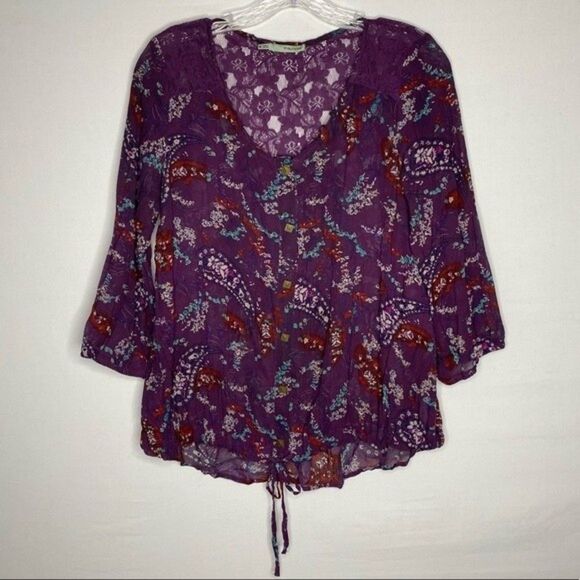 Maurices Purple Sheer Button Down Paisley Floral 3/4 Sleeves Drawstring Waist M - Picture 2 of 9